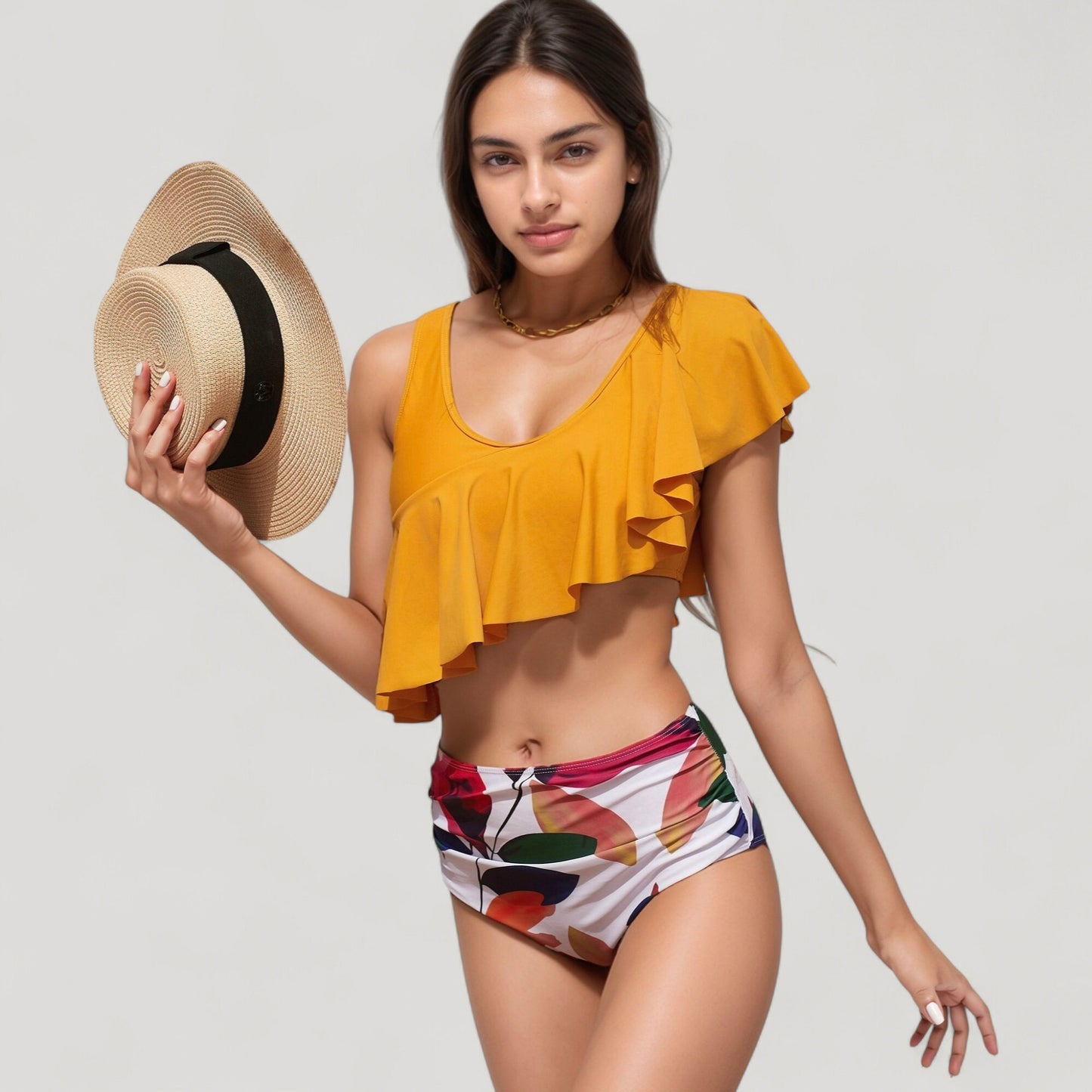 Anna-Kaci Swim Women's One Shoulder Ruffle Bikini Top with High Waist Abstract Print Bottom for a Bold and Flattering Swim Look