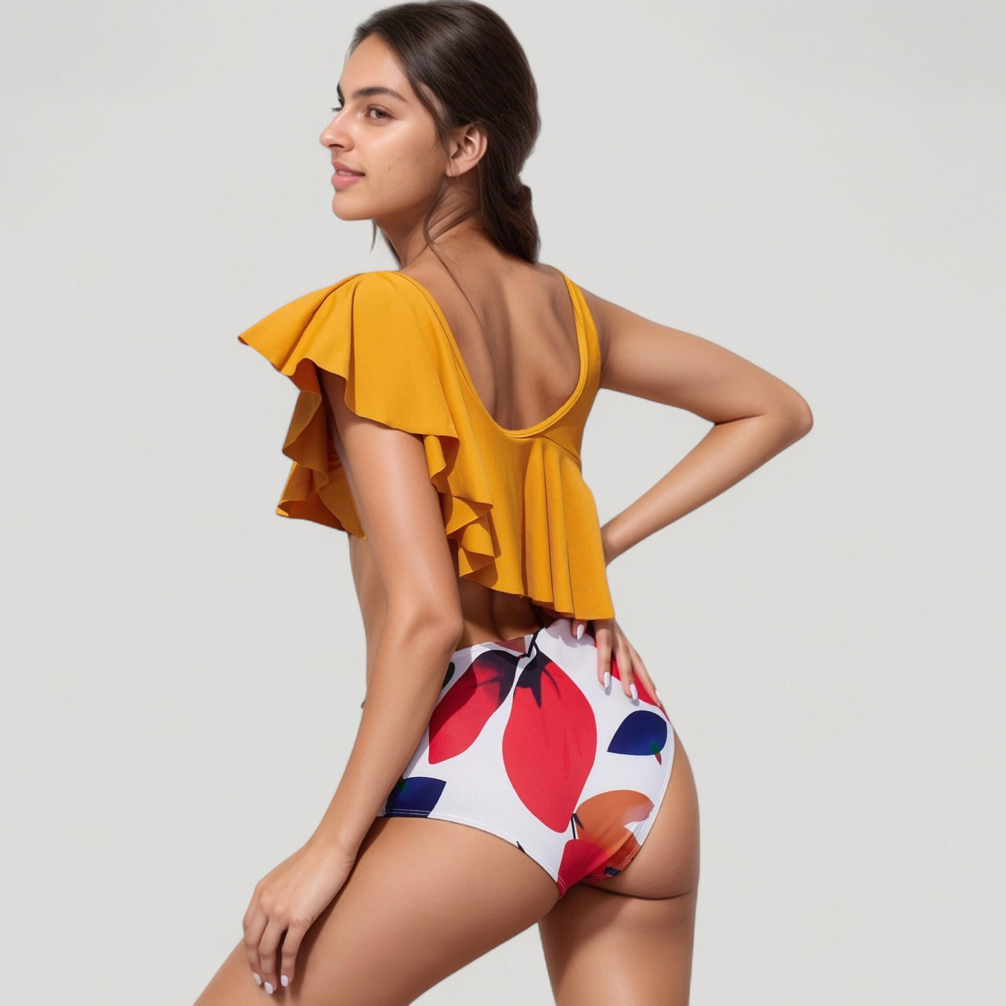 Anna-Kaci Swim Women's One Shoulder Ruffle Bikini Top with High Waist Abstract Print Bottom for a Bold and Flattering Swim Look