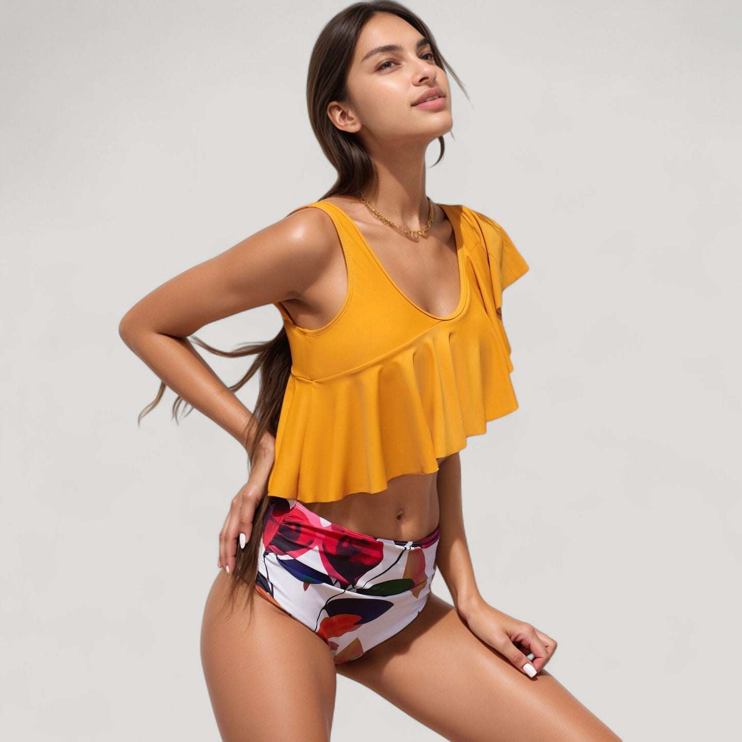 Anna-Kaci Swim Women's One Shoulder Ruffle Bikini Top with High Waist Abstract Print Bottom for a Bold and Flattering Swim Look