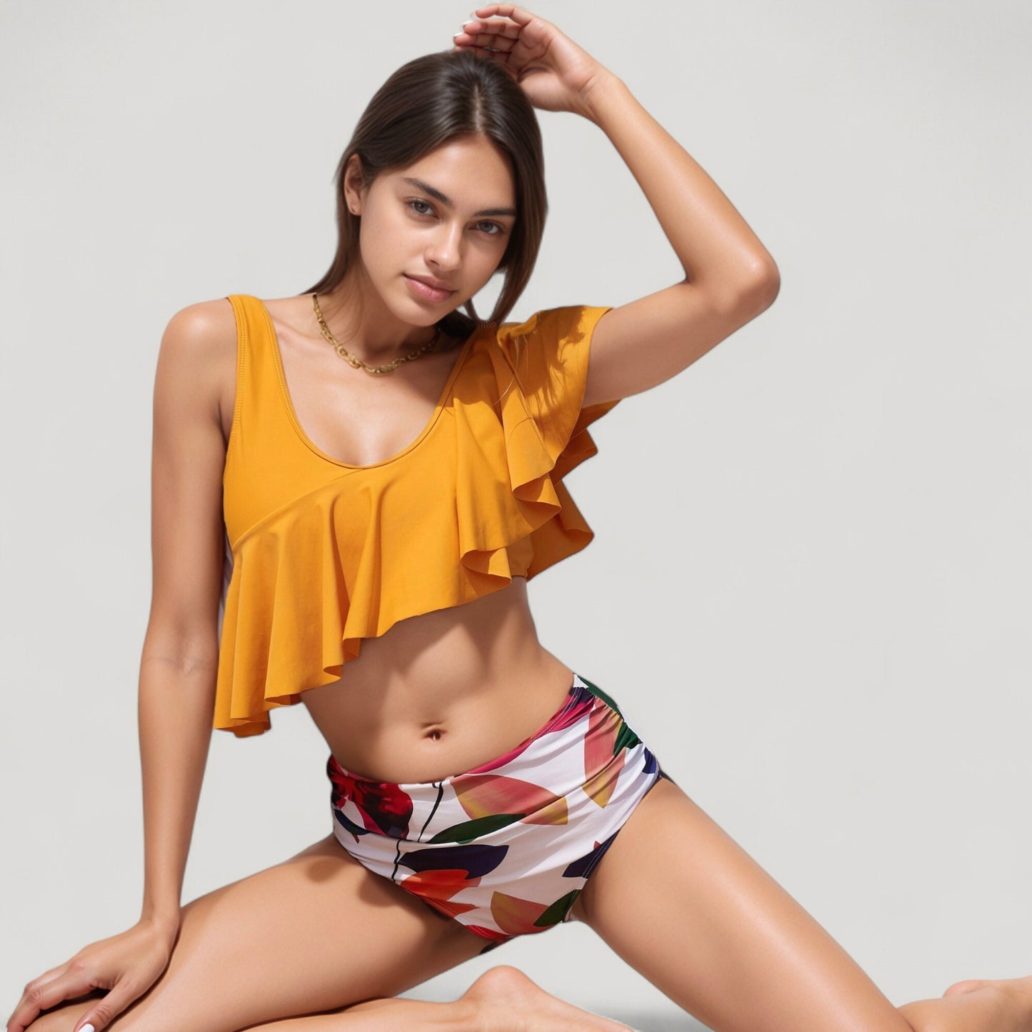 Anna-Kaci Swim Women's One Shoulder Ruffle Bikini Top with High Waist Abstract Print Bottom for a Bold and Flattering Swim Look
