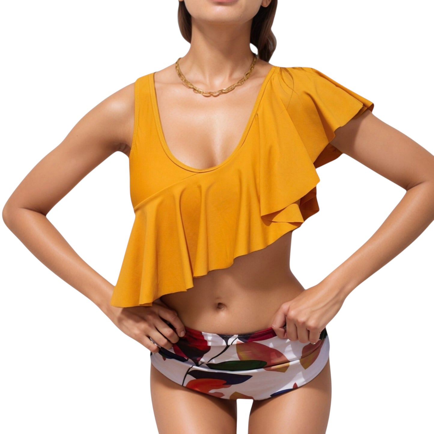 Anna-Kaci Swim Women's One Shoulder Ruffle Bikini Top with High Waist Abstract Print Bottom for a Bold and Flattering Swim Look