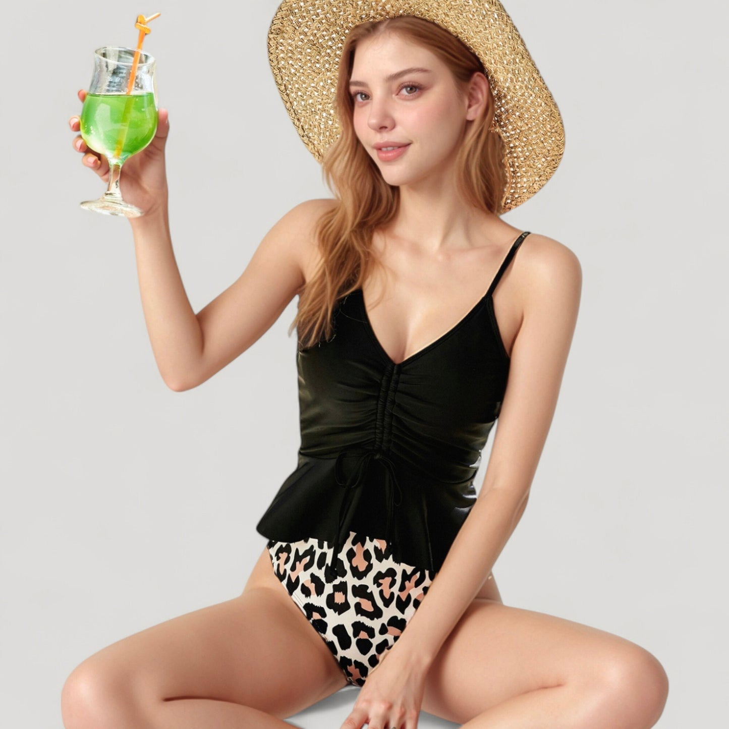 Anna-Kaci Swim Women's Ruched Tankini Top with Adjustable Drawstring and Leopard High Waist Bottoms for a Chic and Confident Swim Look