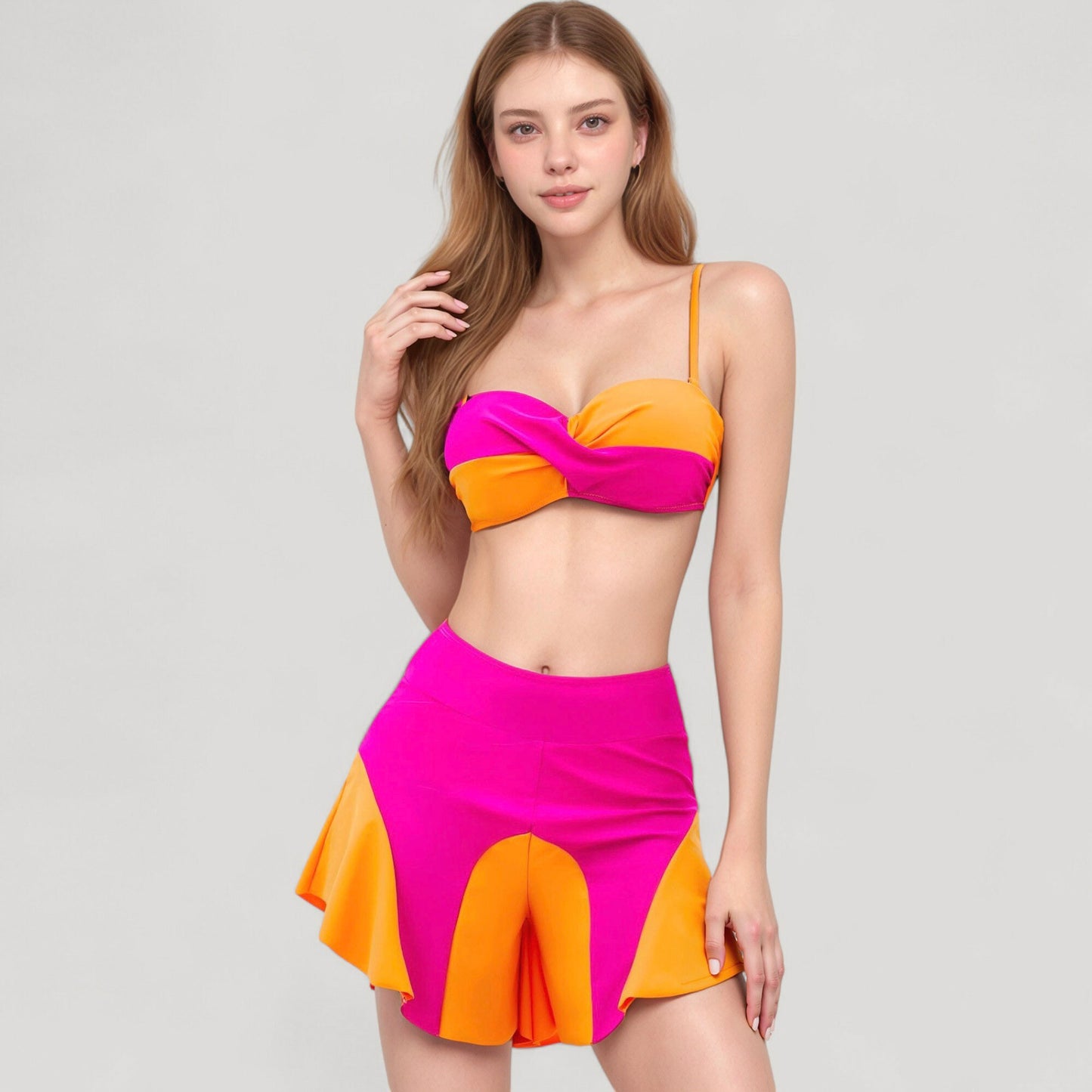 Anna-Kaci Swim Women's Colorblock Twist Bikini Top with Flared Swim Skirt Bottom for Playful and Sporty Beachwear Look