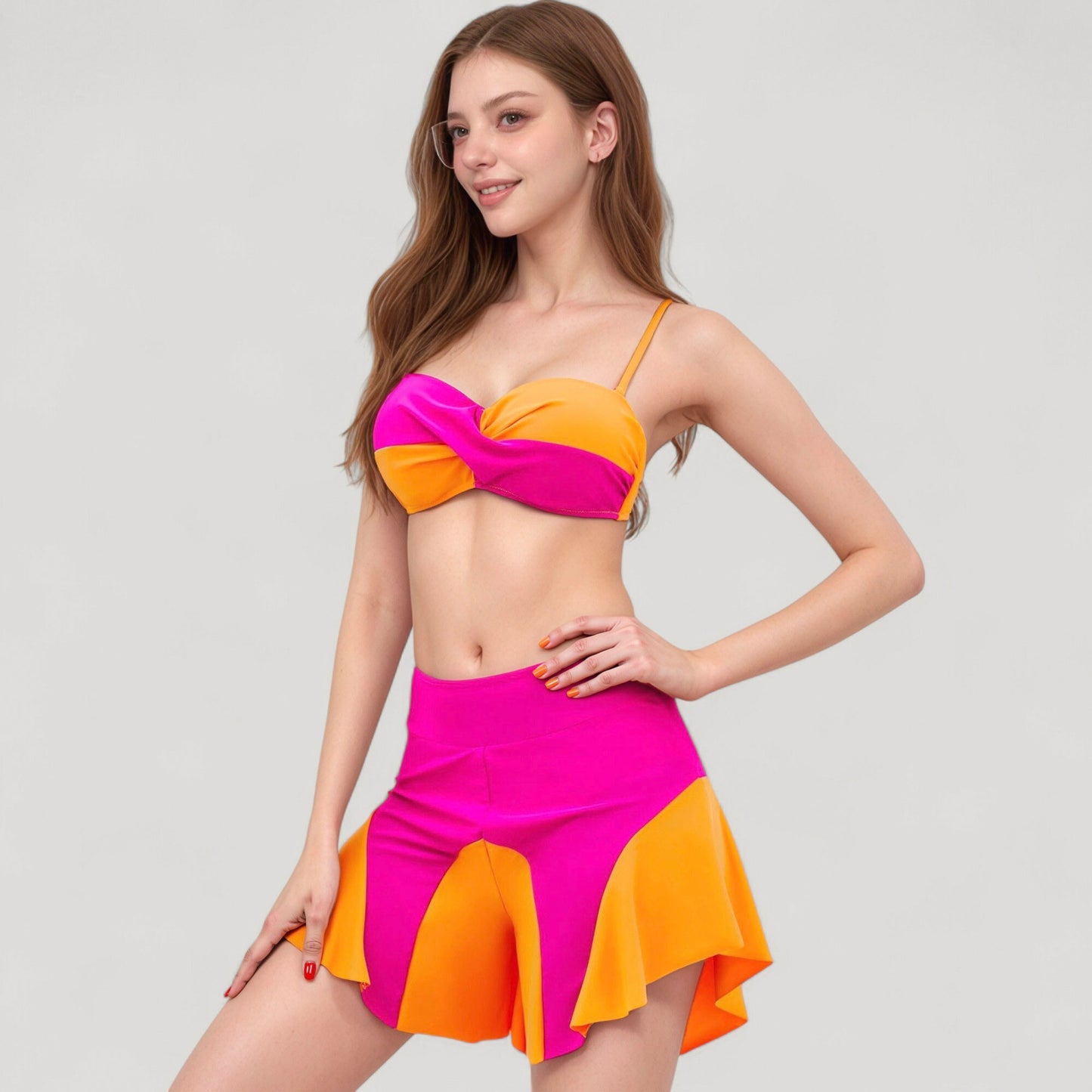 Anna-Kaci Swim Women's Colorblock Twist Bikini Top with Flared Swim Skirt Bottom for Playful and Sporty Beachwear Look