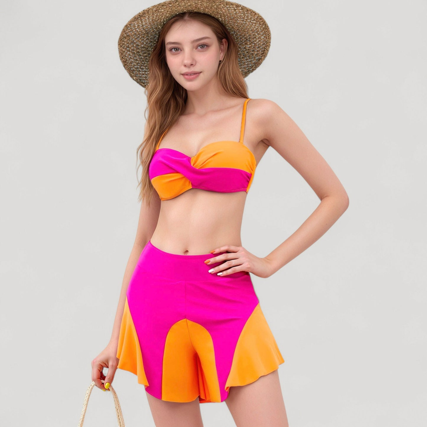 Anna-Kaci Swim Women's Colorblock Twist Bikini Top with Flared Swim Skirt Bottom for Playful and Sporty Beachwear Look