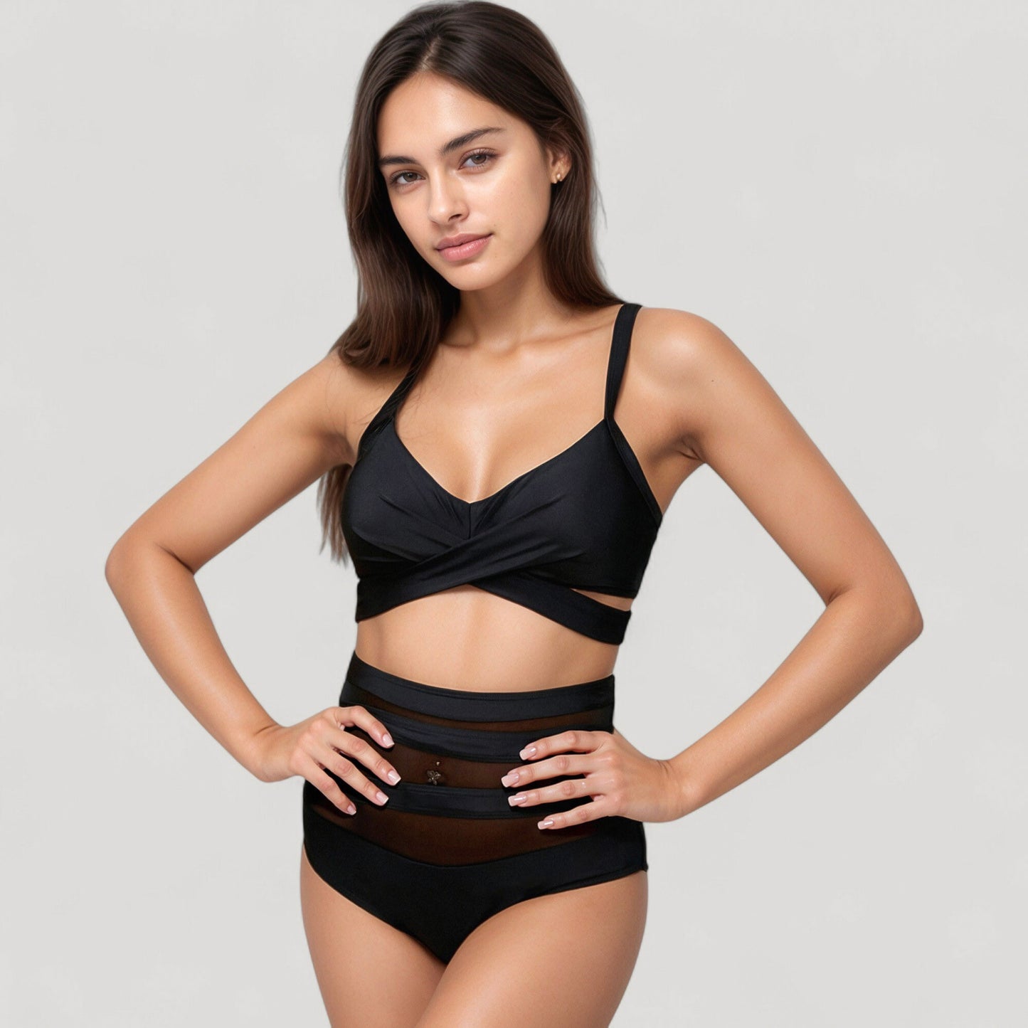 Anna-Kaci Swim Women's Wrap Bikini Top with Mesh High Waist Bottom for Sleek and Modern Two-Piece Swimsuit Look