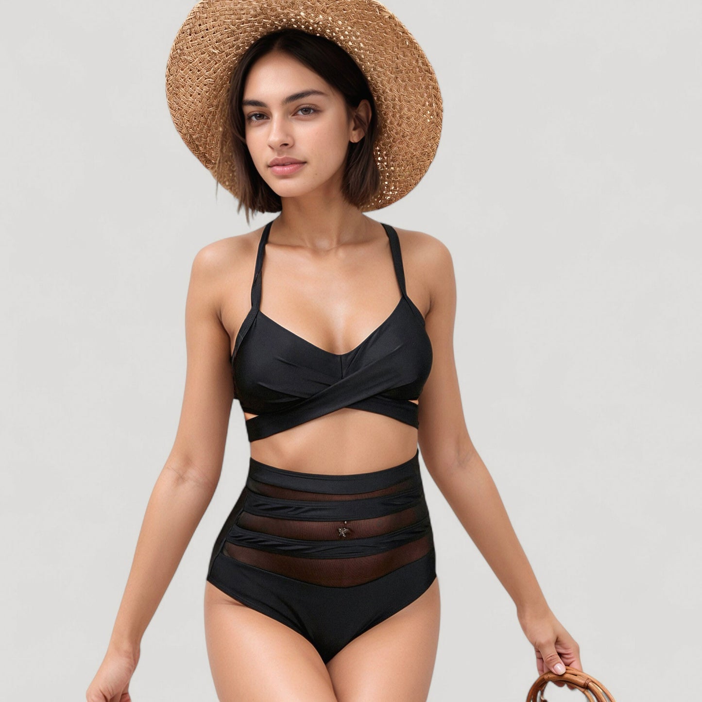 Anna-Kaci Swim Women's Wrap Bikini Top with Mesh High Waist Bottom for Sleek and Modern Two-Piece Swimsuit Look