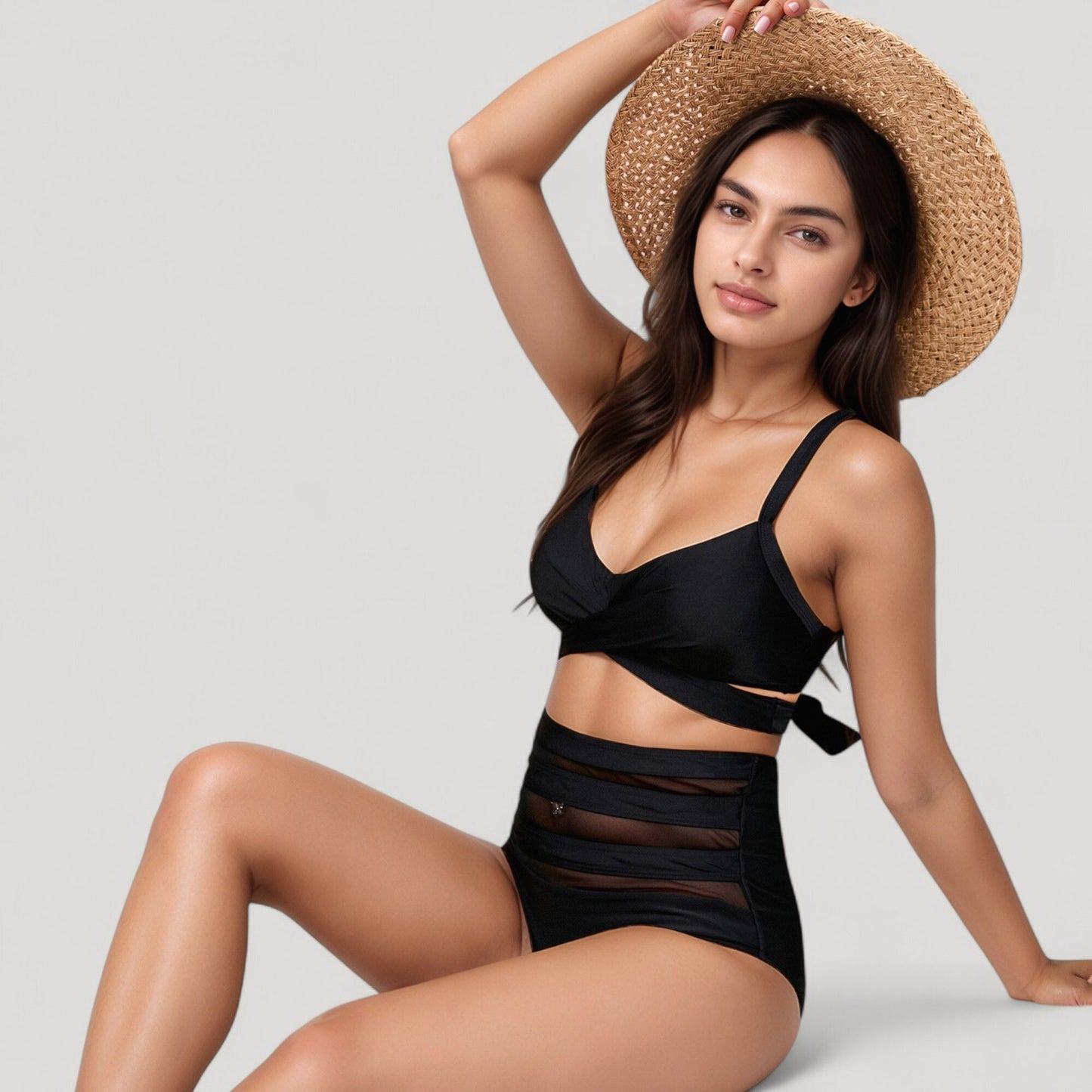 Anna-Kaci Swim Women's Wrap Bikini Top with Mesh High Waist Bottom for Sleek and Modern Two-Piece Swimsuit Look