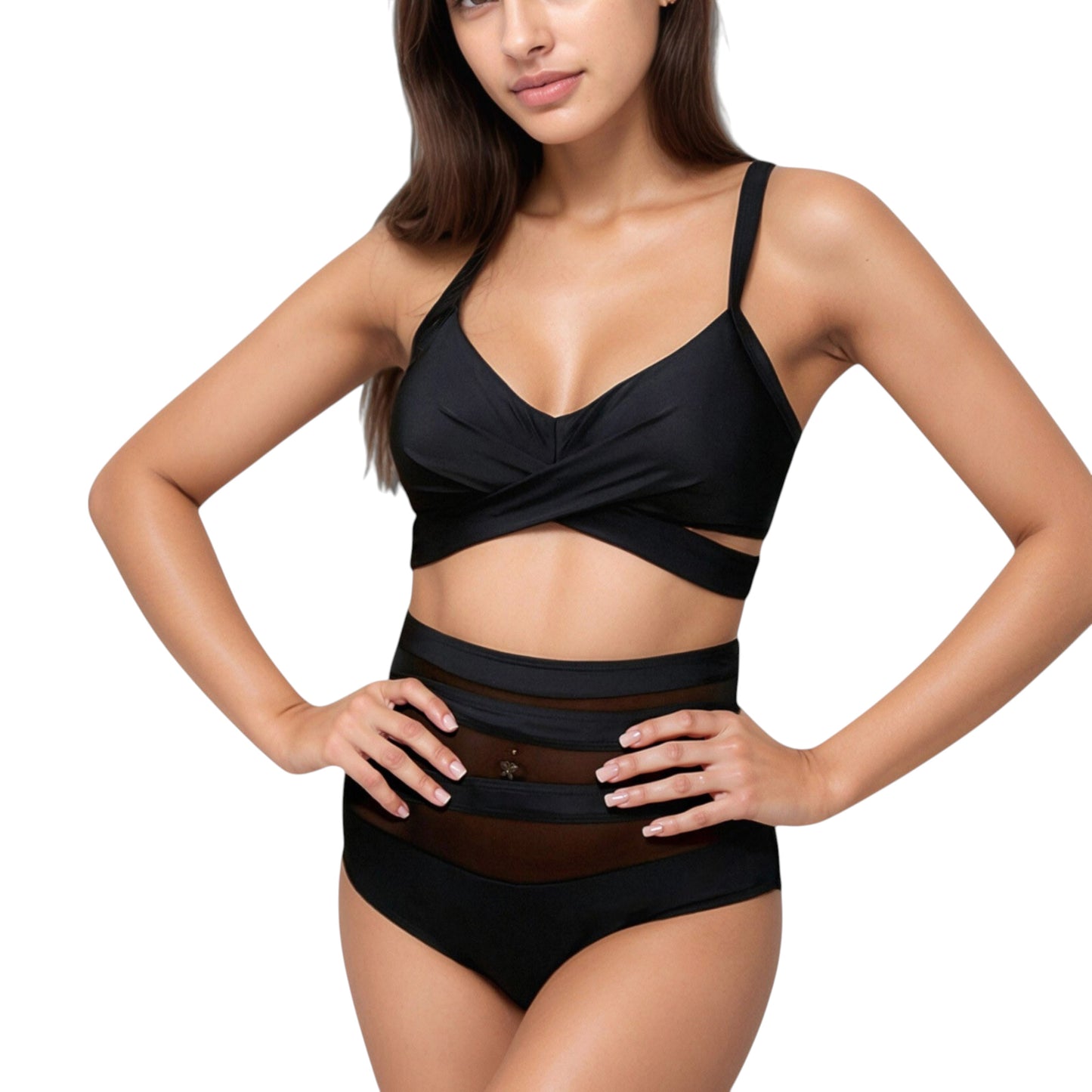 Anna-Kaci Swim Women's Wrap Bikini Top with Mesh High Waist Bottom for Sleek and Modern Two-Piece Swimsuit Look