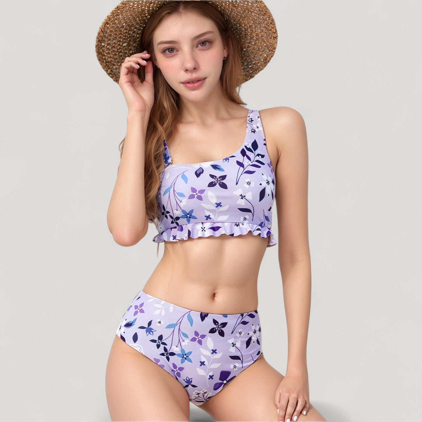 Anna-Kaci Swim Women's Floral Print Ruffle Trim Bikini Set with Scoop Neck Crop Top and High Waist Bottom