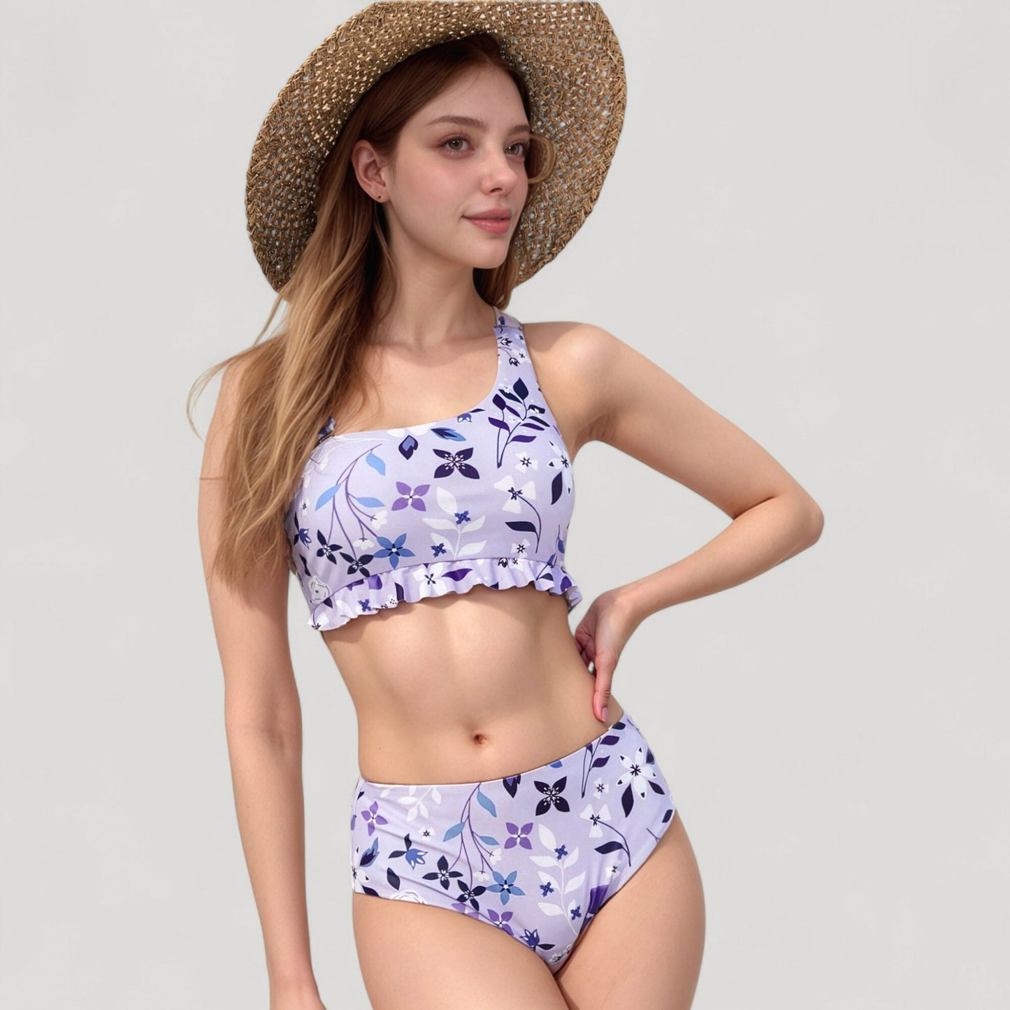 Anna-Kaci Swim Women's Floral Print Ruffle Trim Bikini Set with Scoop Neck Crop Top and High Waist Bottom