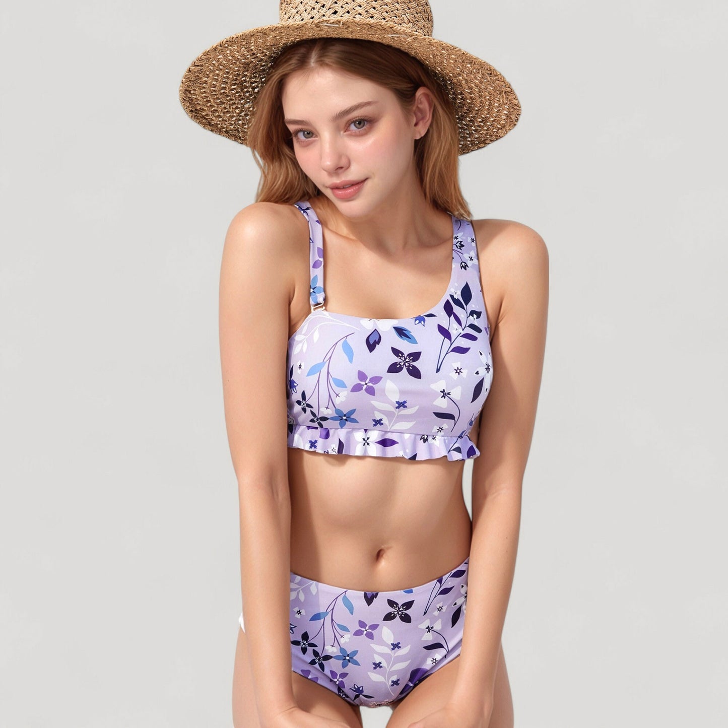 Anna-Kaci Swim Women's Floral Print Ruffle Trim Bikini Set with Scoop Neck Crop Top and High Waist Bottom