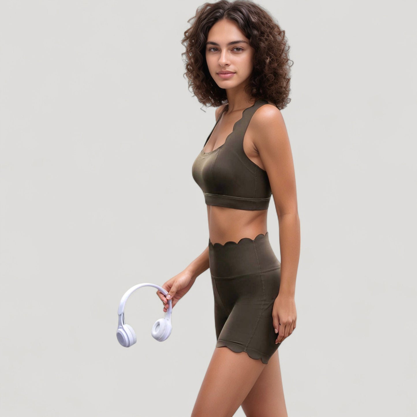 Anna-Kaci Active Women's Scalloped Edge Sports Bra Top with Wide Straps and Soft Stretch Fabric