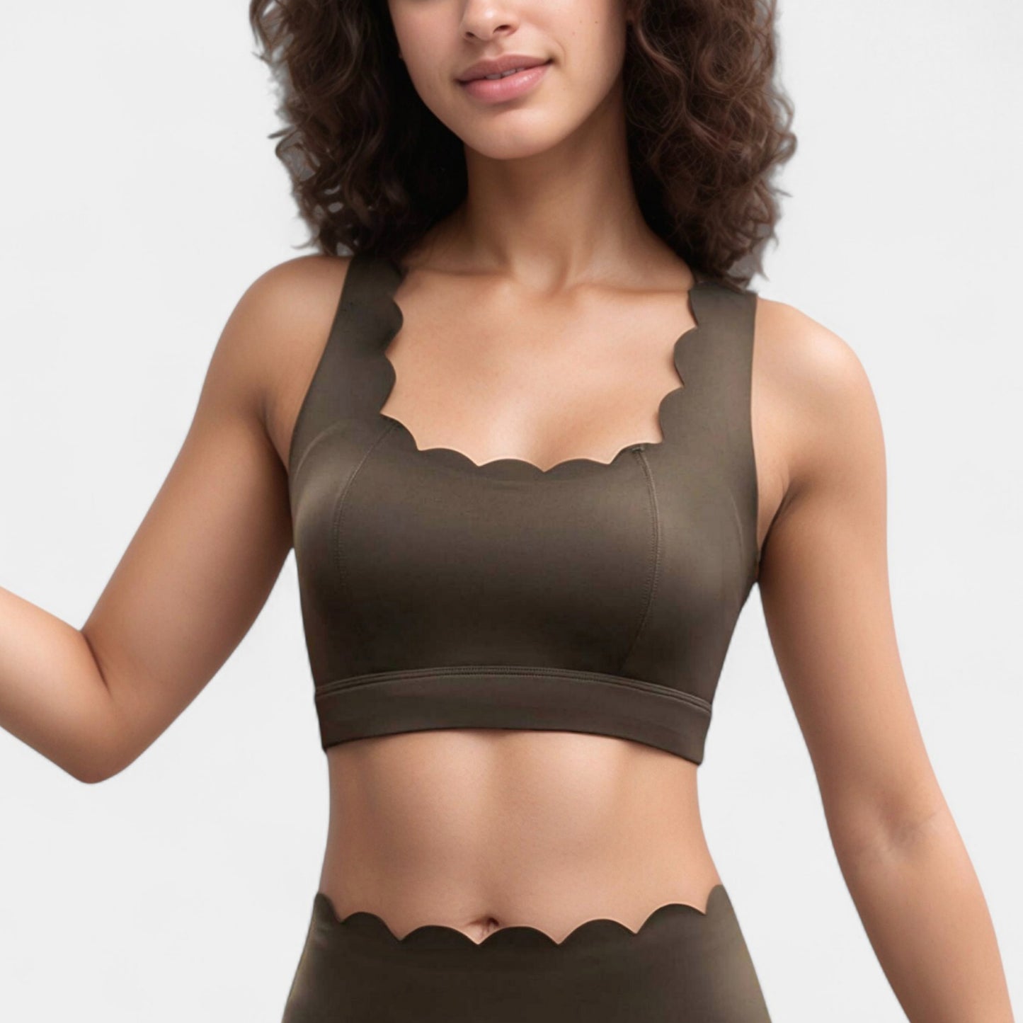 Anna-Kaci Active Women's Scalloped Edge Sports Bra Top with Wide Straps and Soft Stretch Fabric