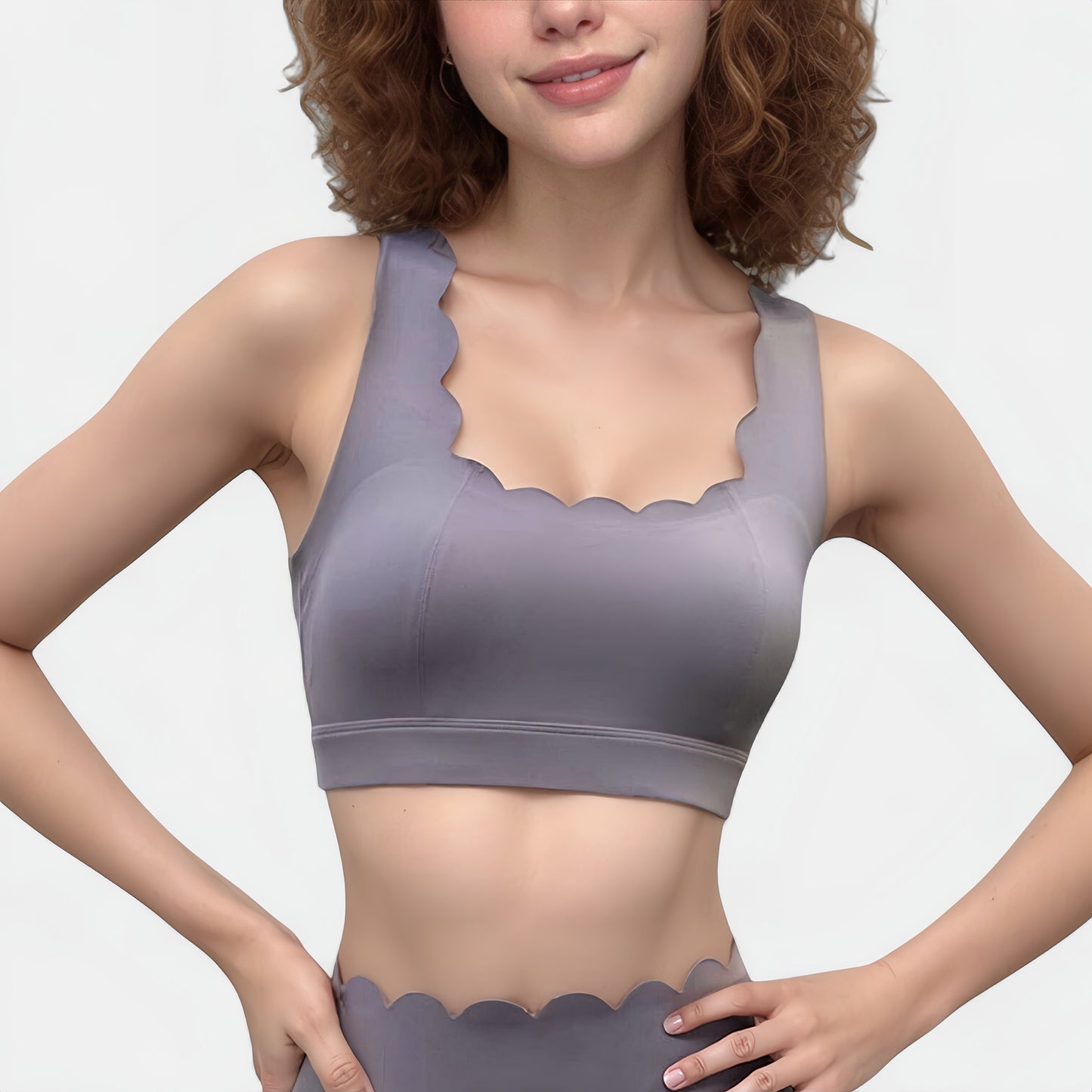 Anna-Kaci Active Women's Scalloped Edge Sports Bra Top with Wide Straps and Soft Stretch Fabric