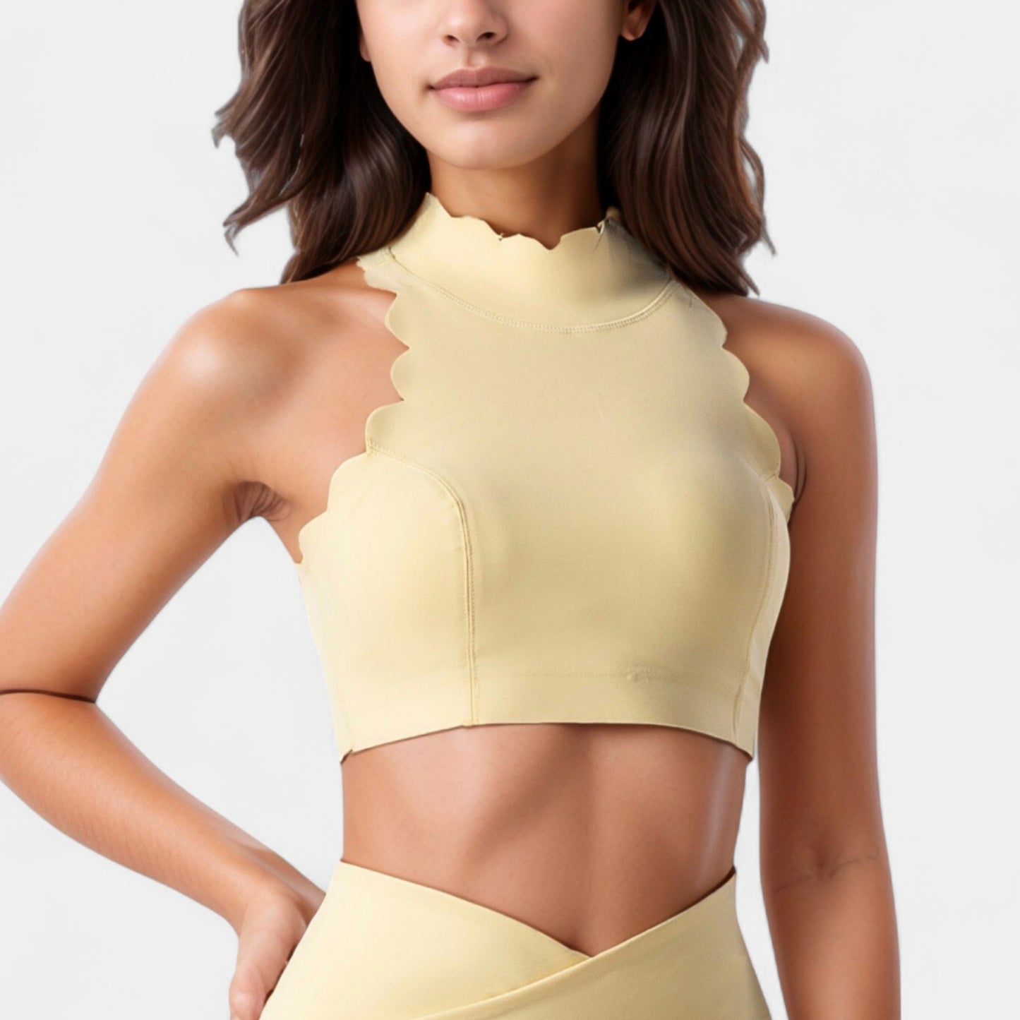 Anna-Kaci Active Women's High Neck Scallop Edge Sports Bra with Sleeveless Cut and Stylish Back Detailing for Light Activity