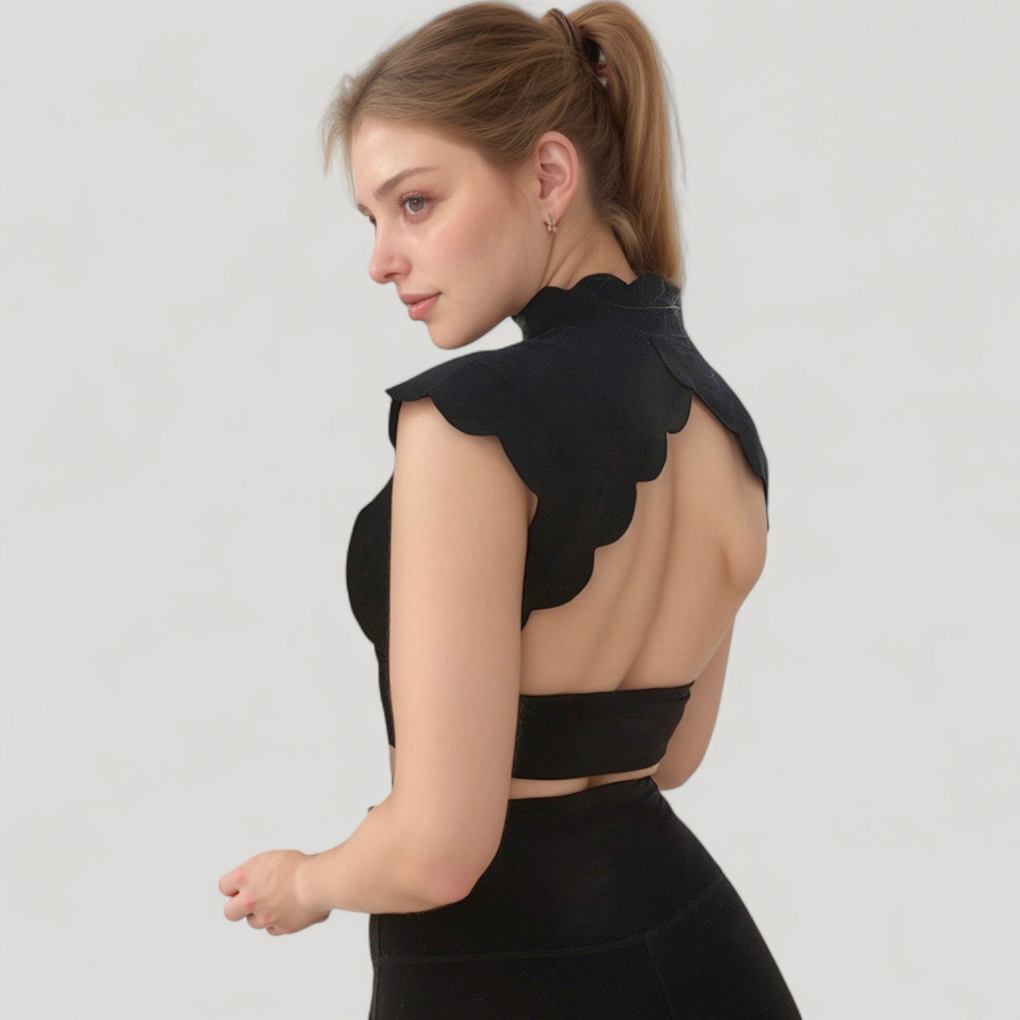 Anna-Kaci Active Women's Scallop Edge High Neck Cropped Top with Cap Sleeves and Open Back Detail