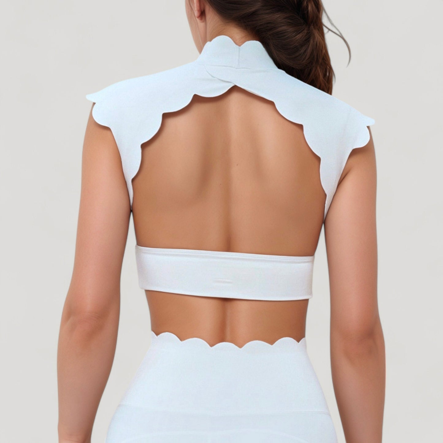 Anna-Kaci Active Women's Scallop Edge High Neck Cropped Top with Cap Sleeves and Open Back Detail