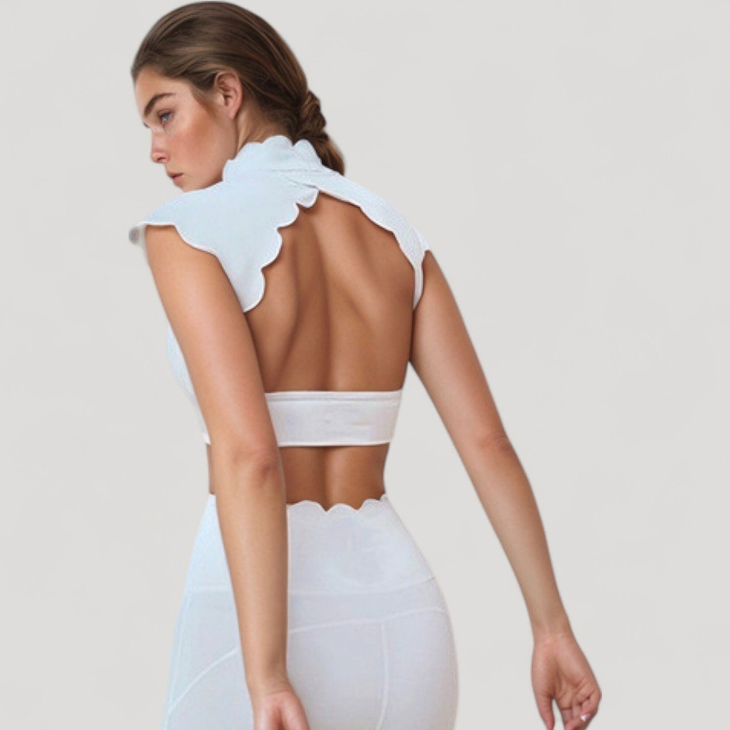 Anna-Kaci Active Women's Scallop Edge High Neck Cropped Top with Cap Sleeves and Open Back Detail