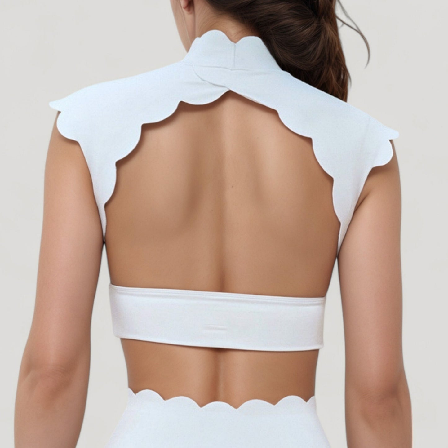 Anna-Kaci Active Women's Scallop Edge High Neck Cropped Top with Cap Sleeves and Open Back Detail