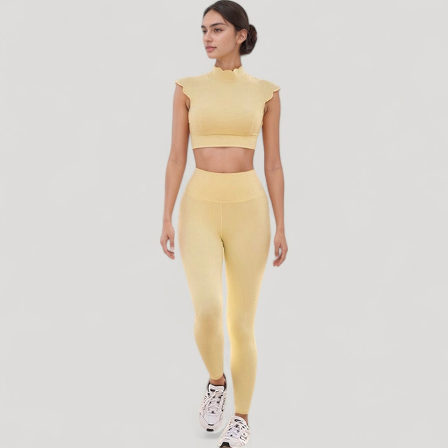 Anna-Kaci Active Women's Scallop Edge High Neck Cropped Top with Cap Sleeves and Open Back Detail