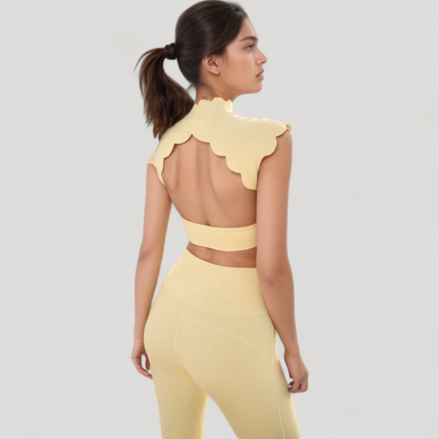 Anna-Kaci Active Women's Scallop Edge High Neck Cropped Top with Cap Sleeves and Open Back Detail