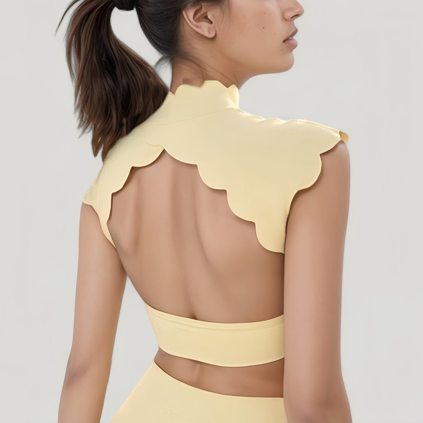 Anna-Kaci Active Women's Scallop Edge High Neck Cropped Top with Cap Sleeves and Open Back Detail