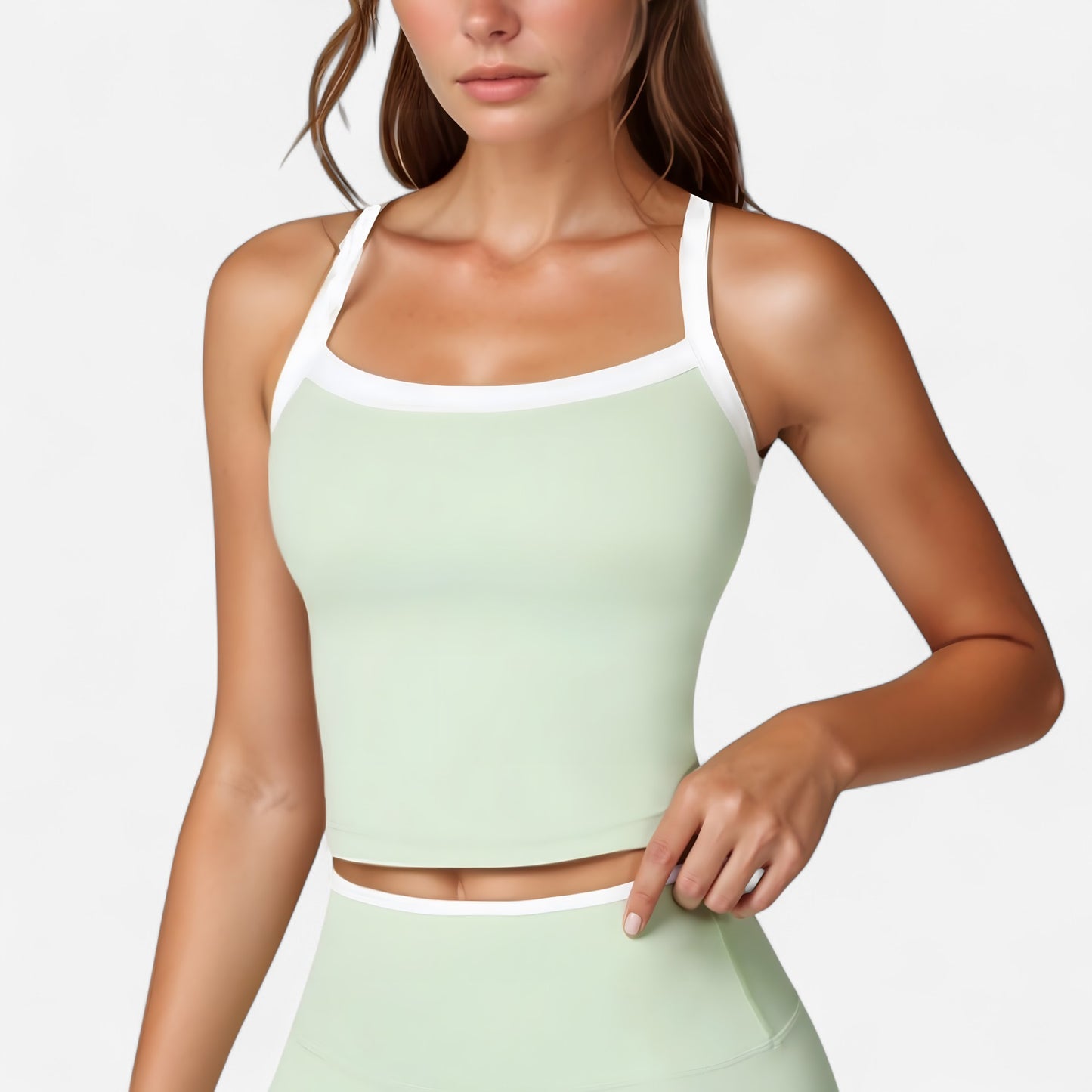 Anna-Kaci Active Women's Square Neck Cropped Active Tank with Contrast Trim and Built-In Bra for Light Support