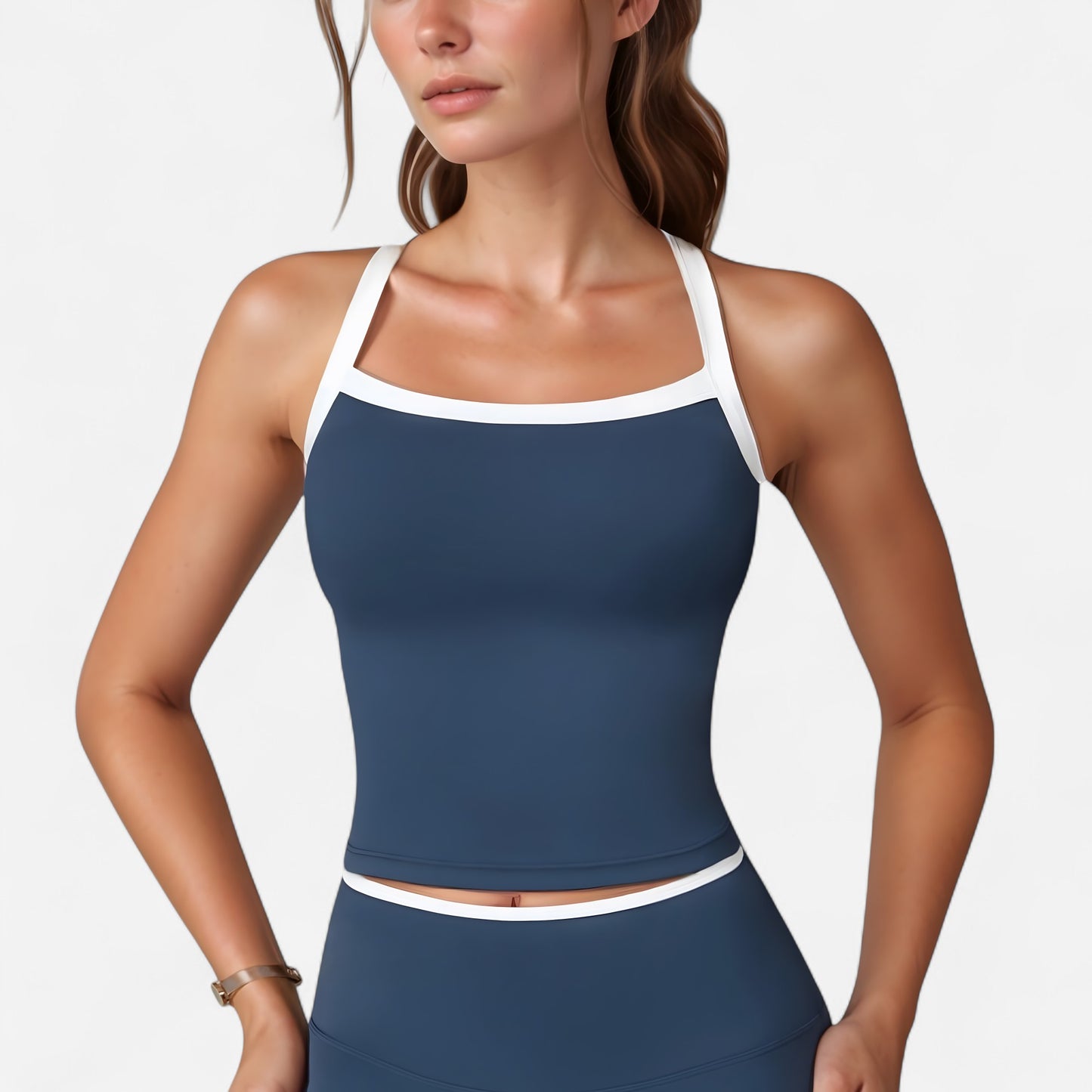 Anna-Kaci Active Women's Square Neck Cropped Active Tank with Contrast Trim and Built-In Bra for Light Support