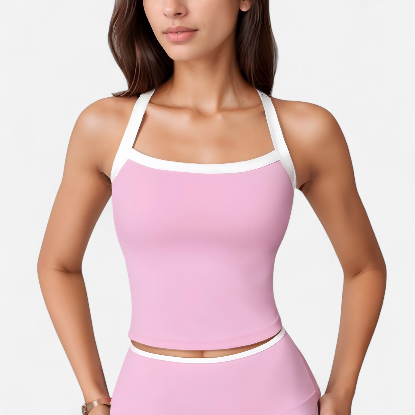 Anna-Kaci Active Women's Square Neck Cropped Active Tank with Contrast Trim and Built-In Bra for Light Support