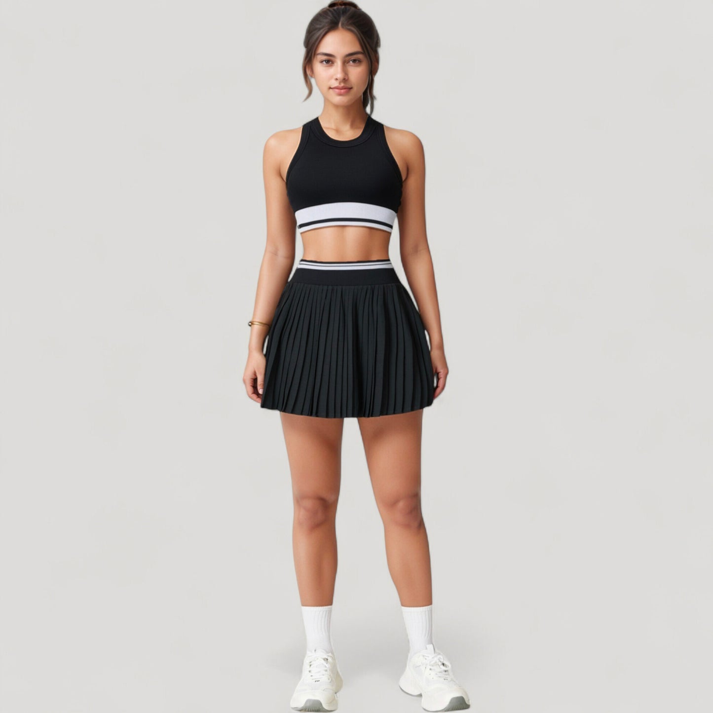 Anna-Kaci Active Women's High Neck Crop Top with Contrast Stripe Hem and Fitted Athletic Design