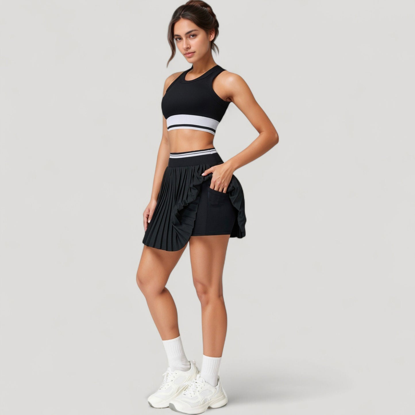 Anna-Kaci Active Women's High Neck Crop Top with Contrast Stripe Hem and Fitted Athletic Design