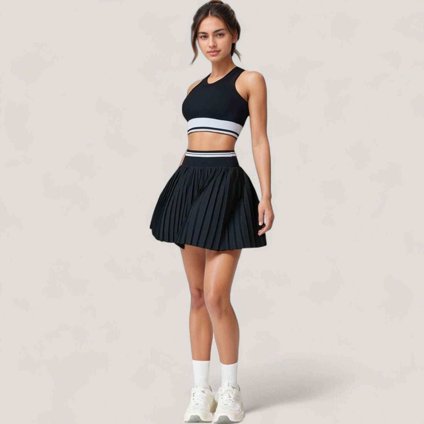 Anna-Kaci Active Women's High Neck Crop Top with Contrast Stripe Hem and Fitted Athletic Design