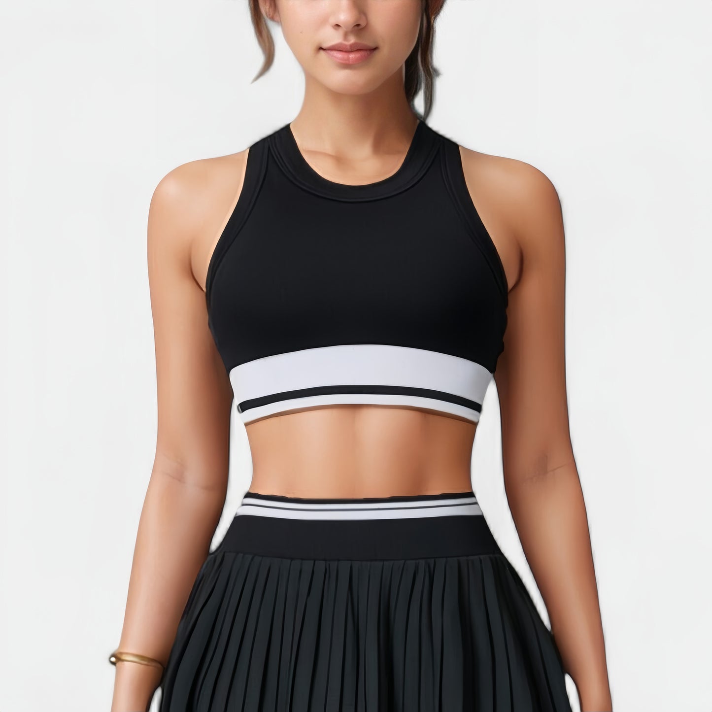 Anna-Kaci Active Women's High Neck Crop Top with Contrast Stripe Hem and Fitted Athletic Design
