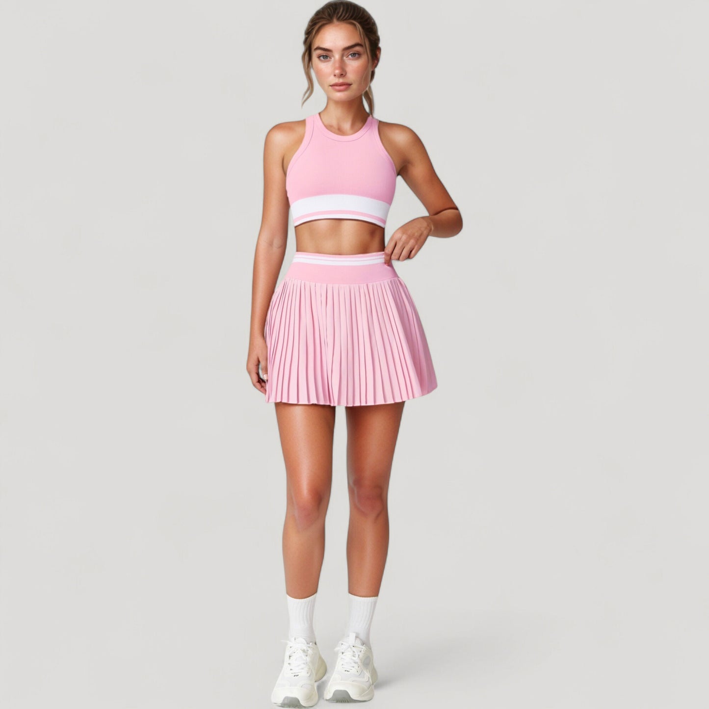 Anna-Kaci Active Women's High Neck Crop Top with Contrast Stripe Hem and Fitted Athletic Design