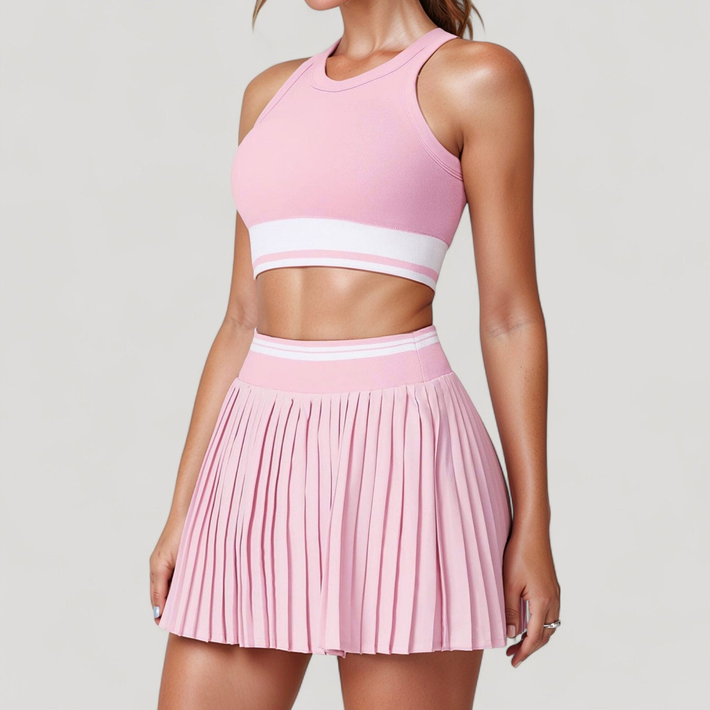 Anna-Kaci Active Women's High Neck Crop Top with Contrast Stripe Hem and Fitted Athletic Design