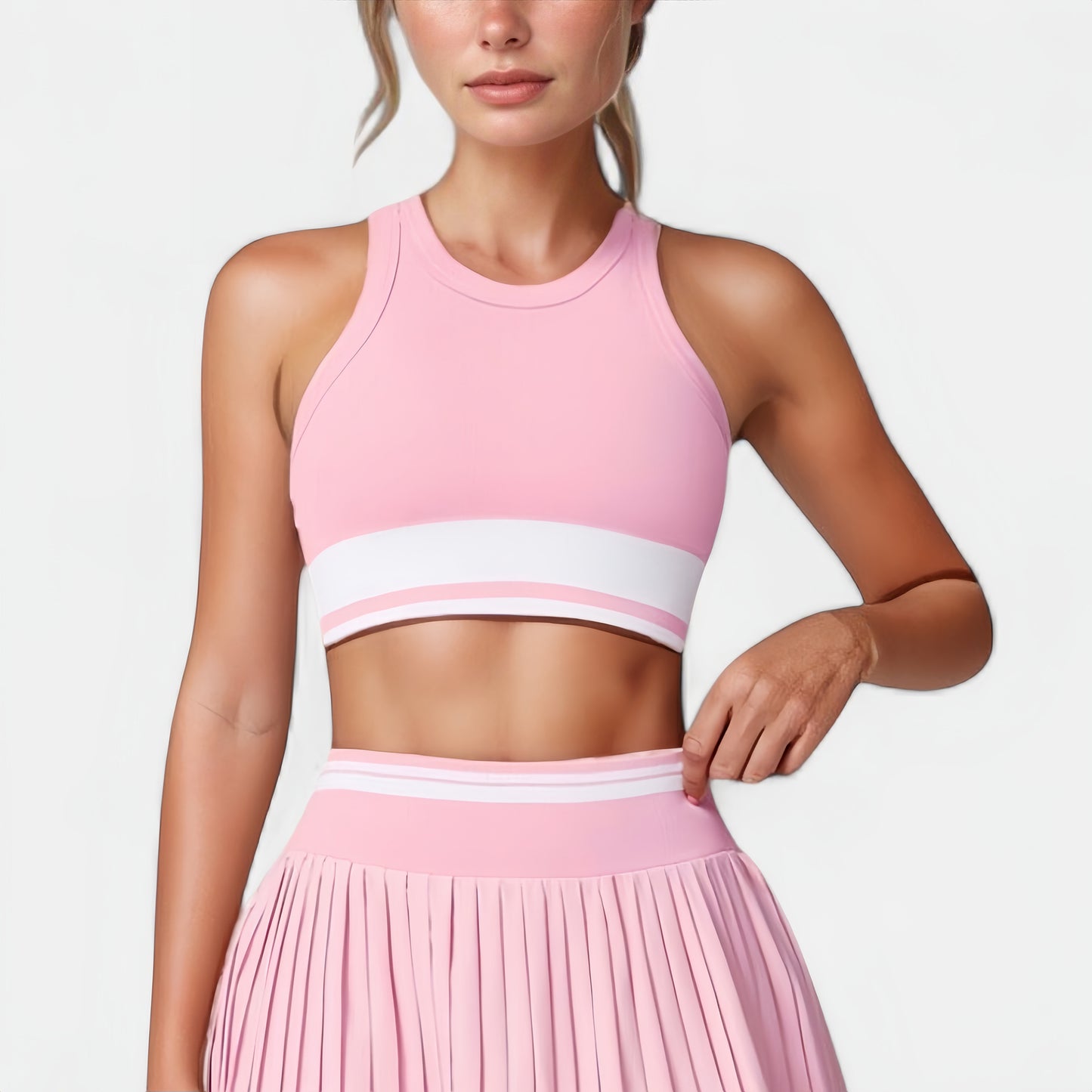 Anna-Kaci Active Women's High Neck Crop Top with Contrast Stripe Hem and Fitted Athletic Design