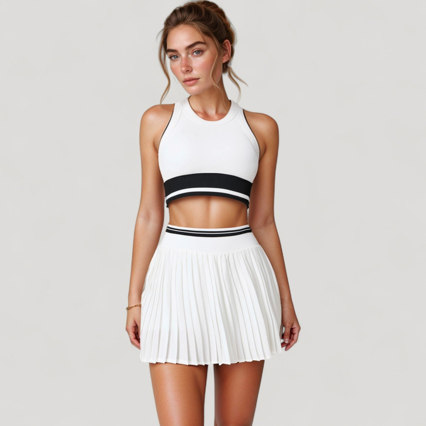 Anna-Kaci Active Women's High Neck Crop Top with Contrast Stripe Hem and Fitted Athletic Design