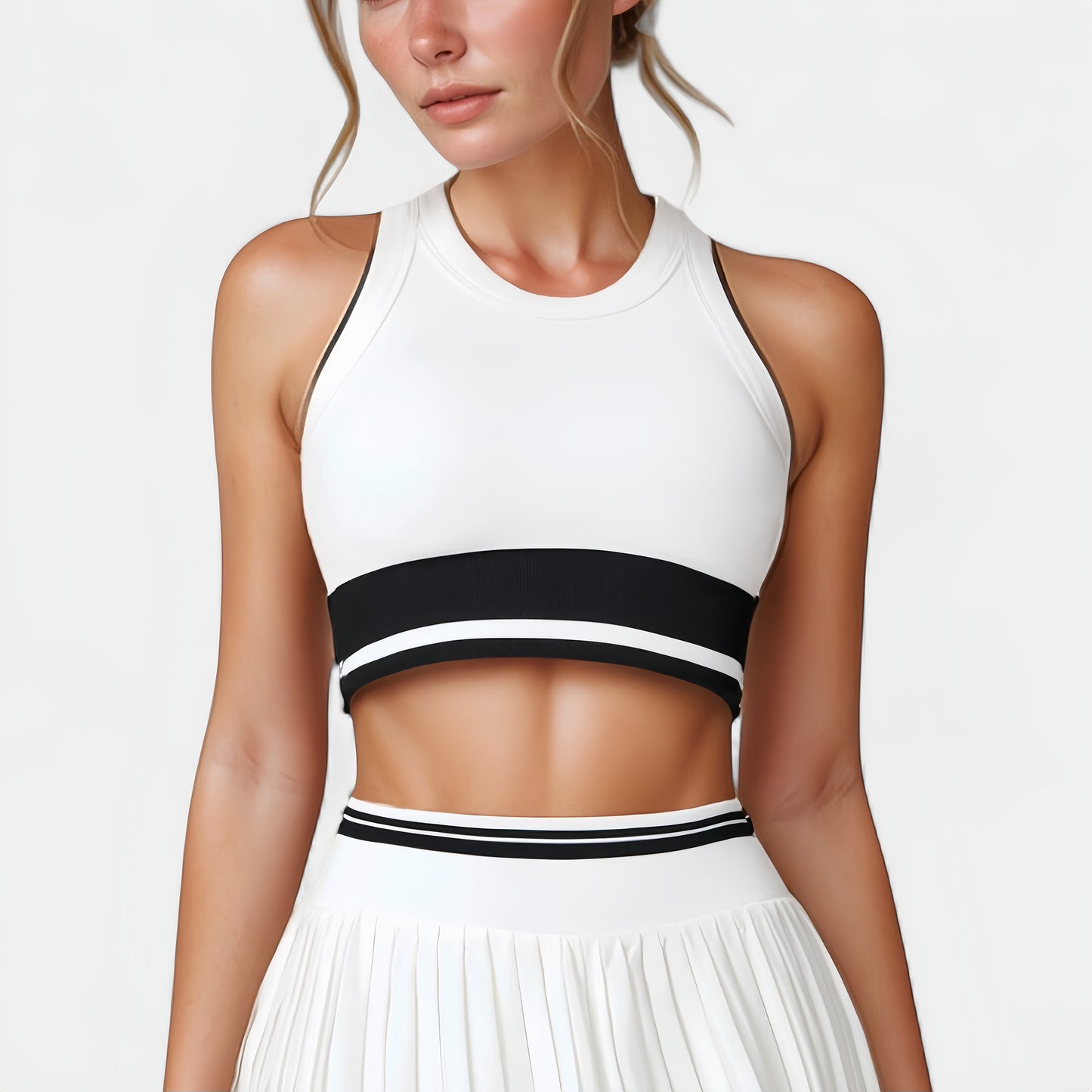 Anna-Kaci Active Women's High Neck Crop Top with Contrast Stripe Hem and Fitted Athletic Design
