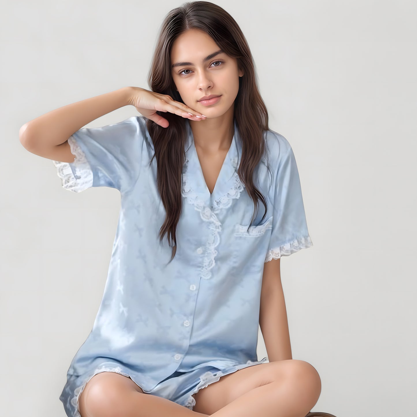 Anna-Kaci Lounge Women's Short Sleeve Satin Pajama Set with Button Down Top Elastic Waist Shorts and Lace Trim Detail