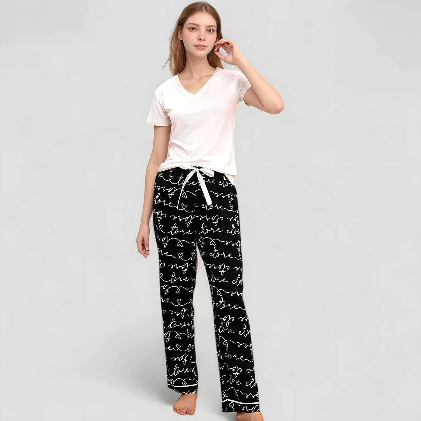 Anna-Kaci Women's Short Sleeve V-Neck Pajama Set with Script Print Lounge Pants and Drawstring Waistband