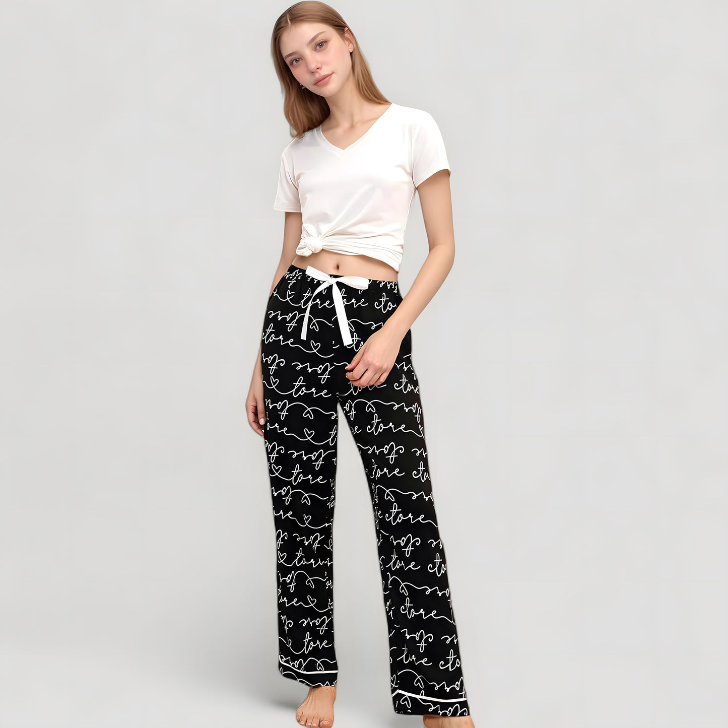 Anna-Kaci Women's Short Sleeve V-Neck Pajama Set with Script Print Lounge Pants and Drawstring Waistband