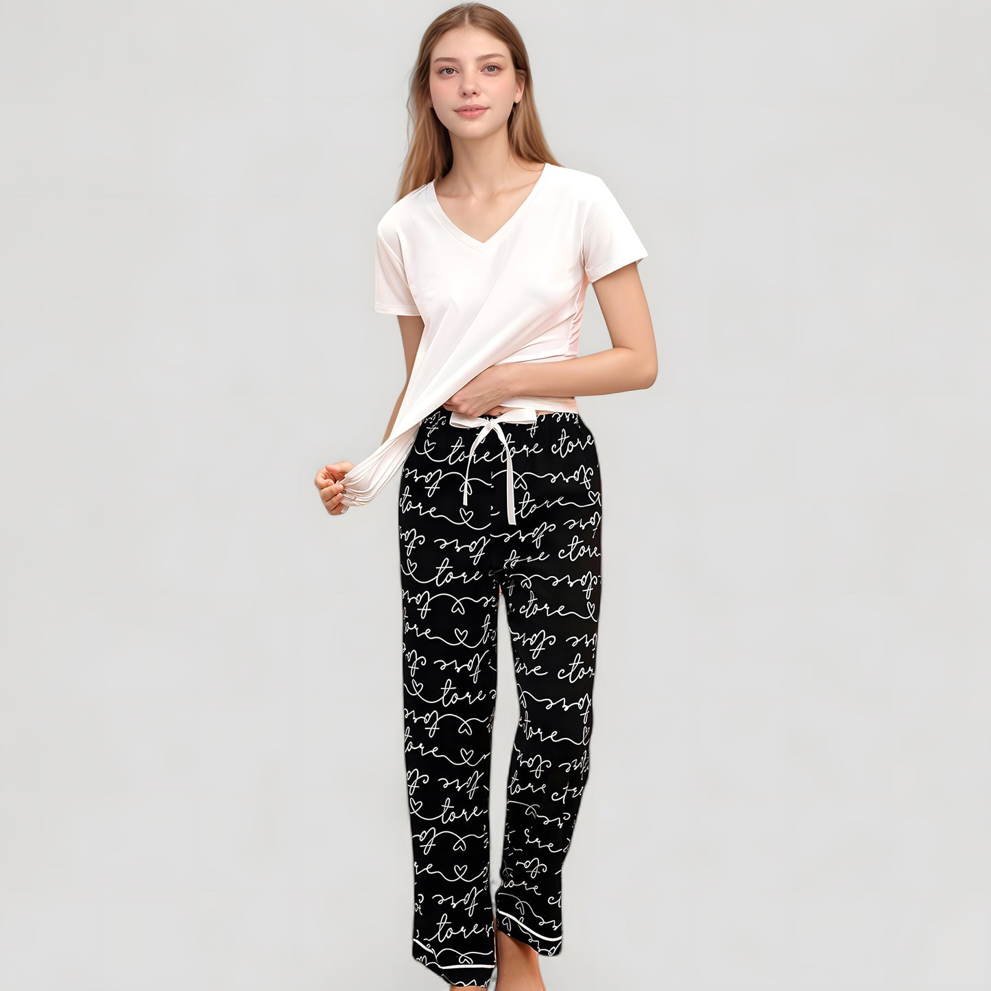 Anna-Kaci Women's Short Sleeve V-Neck Pajama Set with Script Print Lounge Pants and Drawstring Waistband