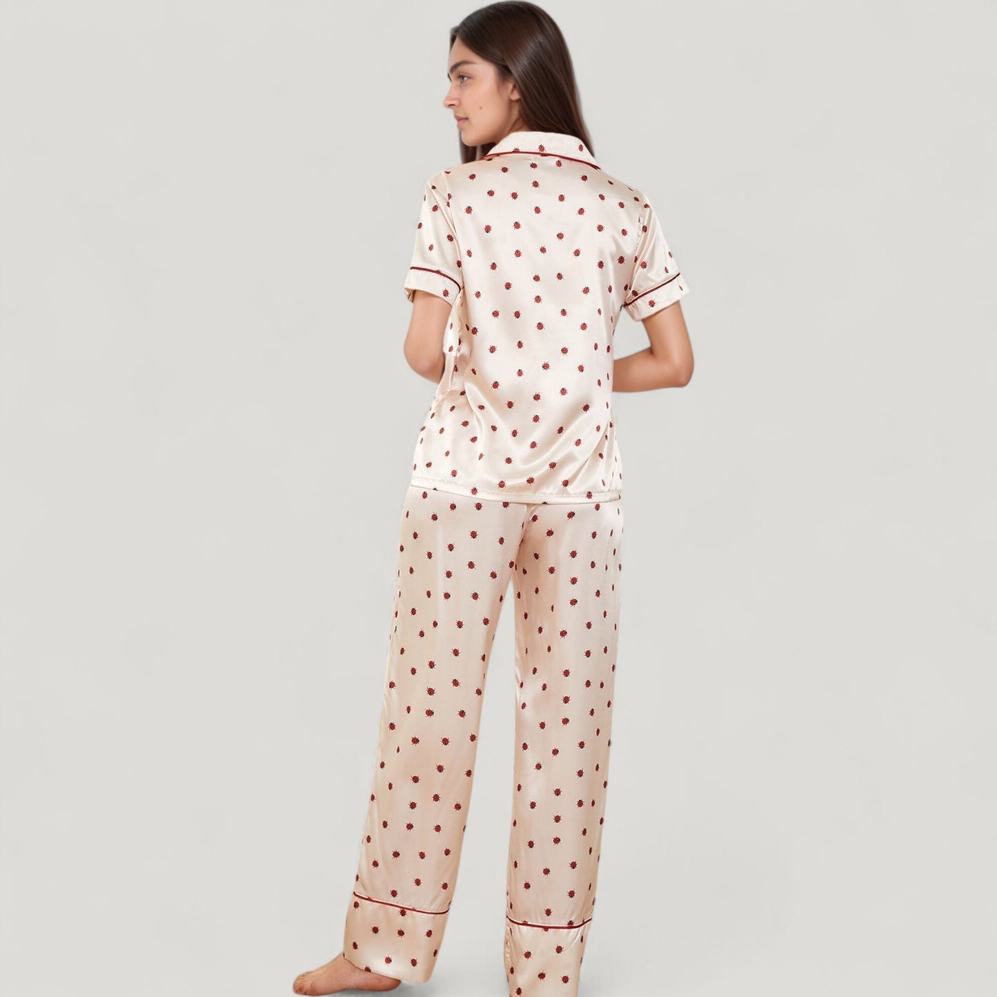 Anna-Kaci Lounge Women's Satin Pajama Set with Short Sleeve Notch Collar Button-Up Top and Polka Dot Wide Leg Pants