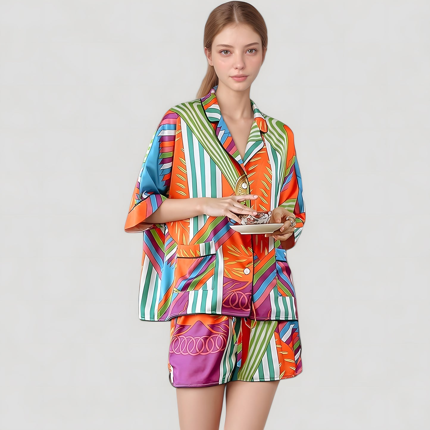 Anna-Kaci Lounge Women's Bold Stripe Print Pajama Set with Notch Collar Button Up Top and Relaxed Fit Matching Shorts