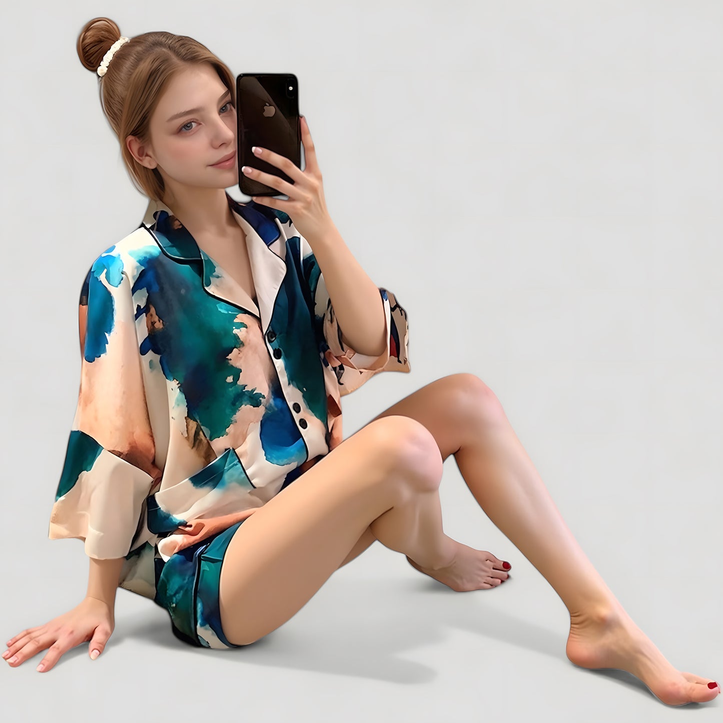 Anna-Kaci Lounge Women's Watercolor Print Pajama Set with Notch Collar Button Up Short Sleeve Top and Matching Relaxed Shorts