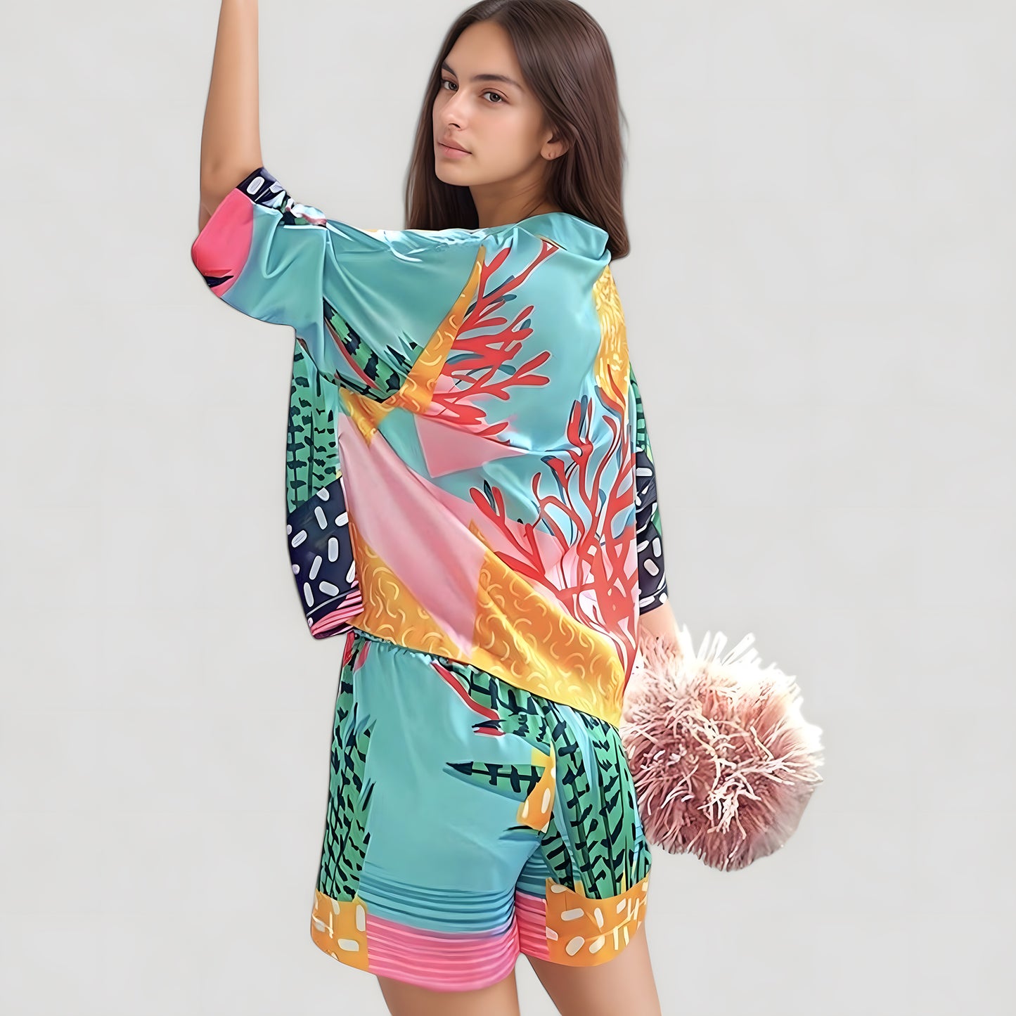 Anna-Kaci Lounge Women's Bold Botanical Print Pajama Set with Long Sleeves Notch Collar Button Front and Matching Shorts