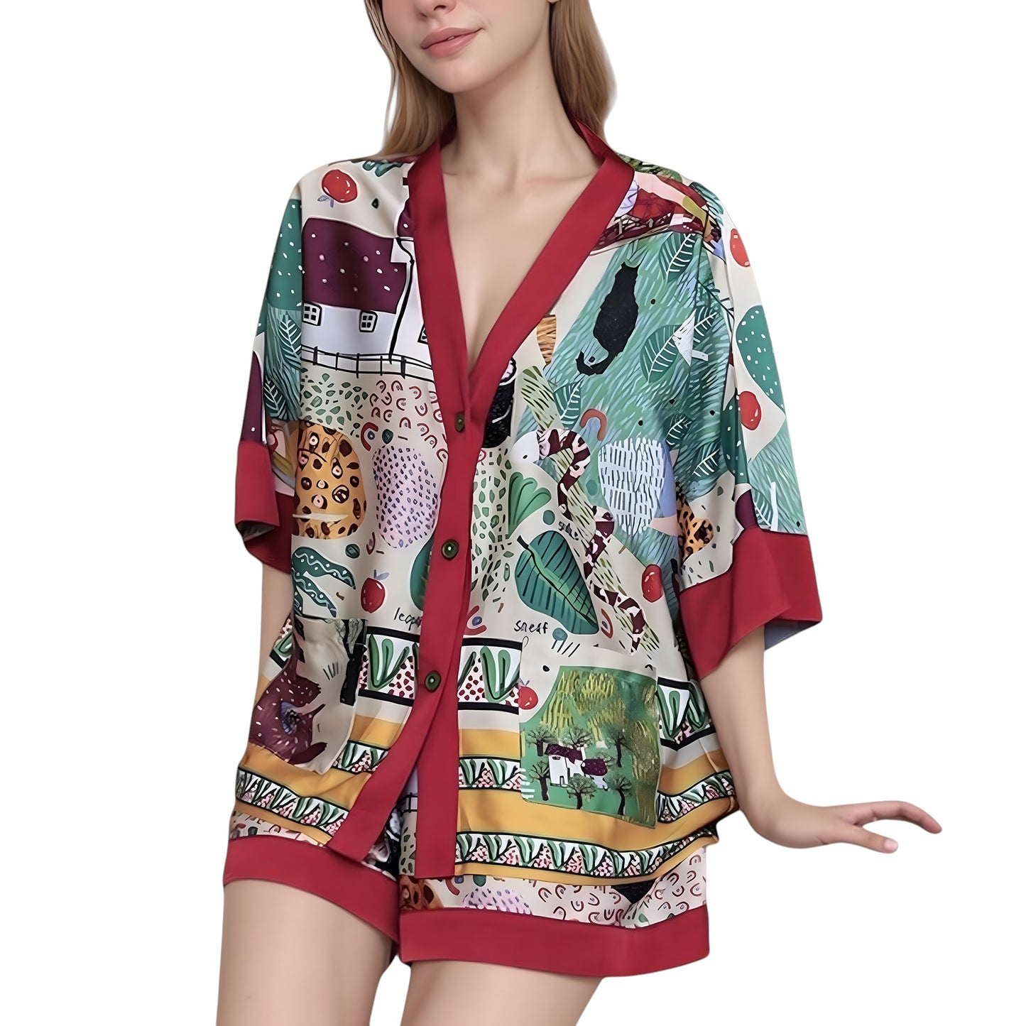 Anna-Kaci Lounge Women's Animal Print Pajama Set with Short Sleeves Button-Up Top and Contrast Trim Shorts
