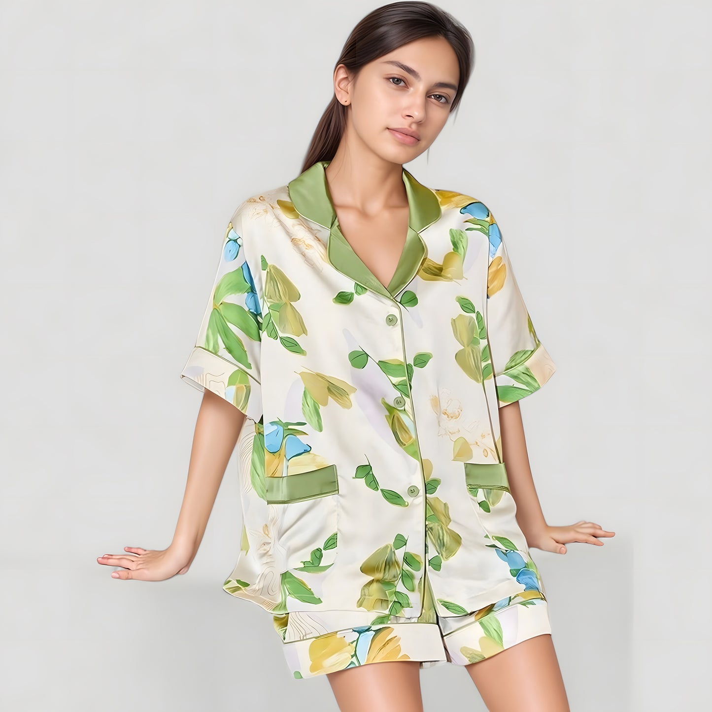 Anna-Kaci Lounge Women's Floral Print Pajama Set with Button-Up Short Sleeve Top and Matching Shorts