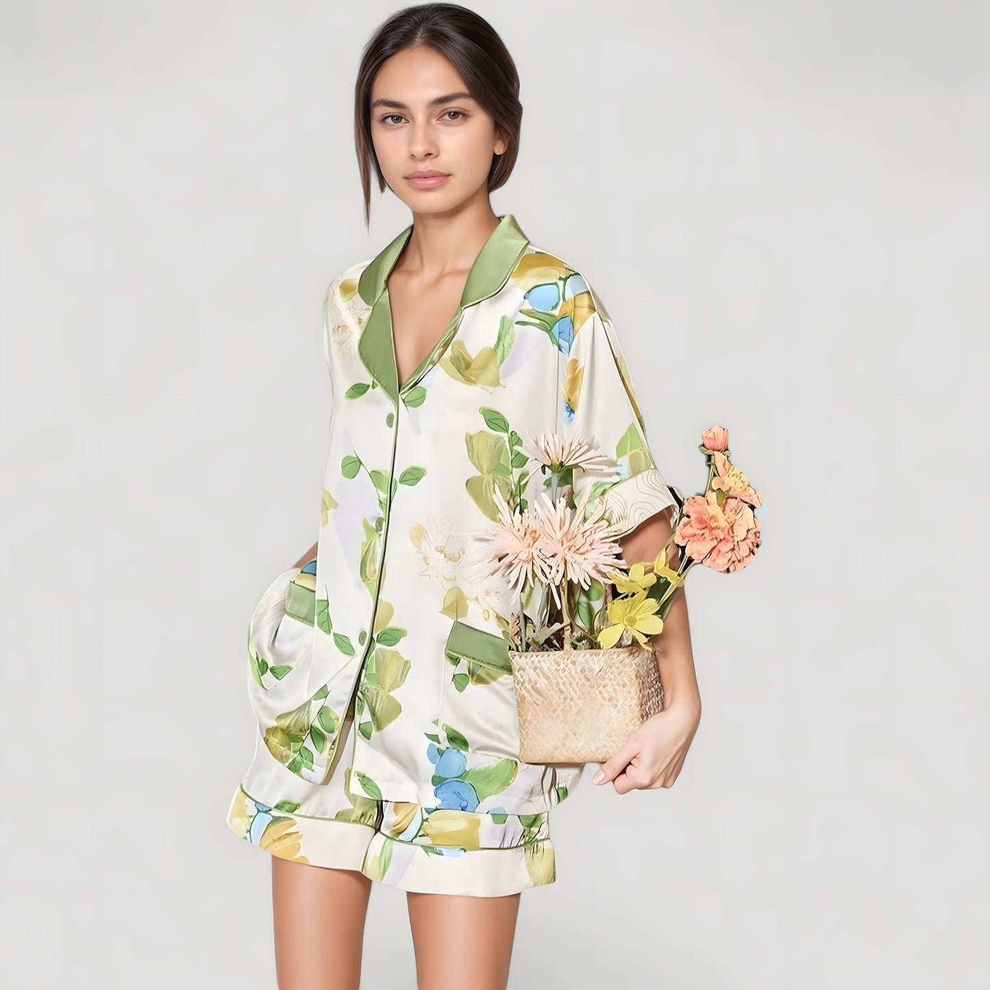 Anna-Kaci Lounge Women's Floral Print Pajama Set with Button-Up Short Sleeve Top and Matching Shorts